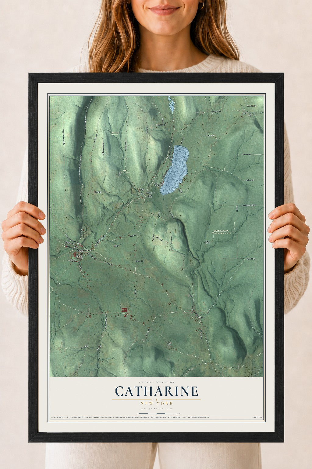 Catharine, New York map print, 18" x 24" W/ Black Ayous Wood Frame mockup