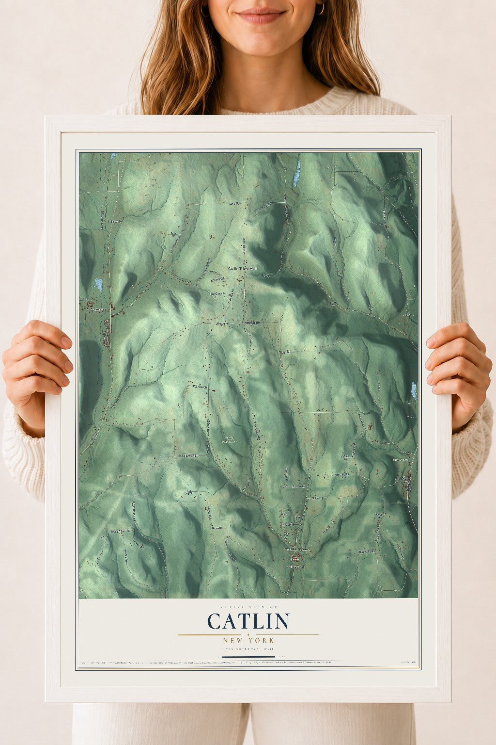 Catlin, New York map print, 18" x 24" W/ White Ayous Wood Frame mockup