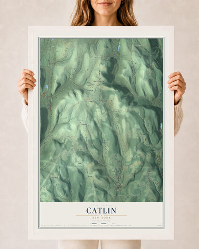 Catlin, New York map print, 24" x 36" W/ White Ayous Wood Frame mockup