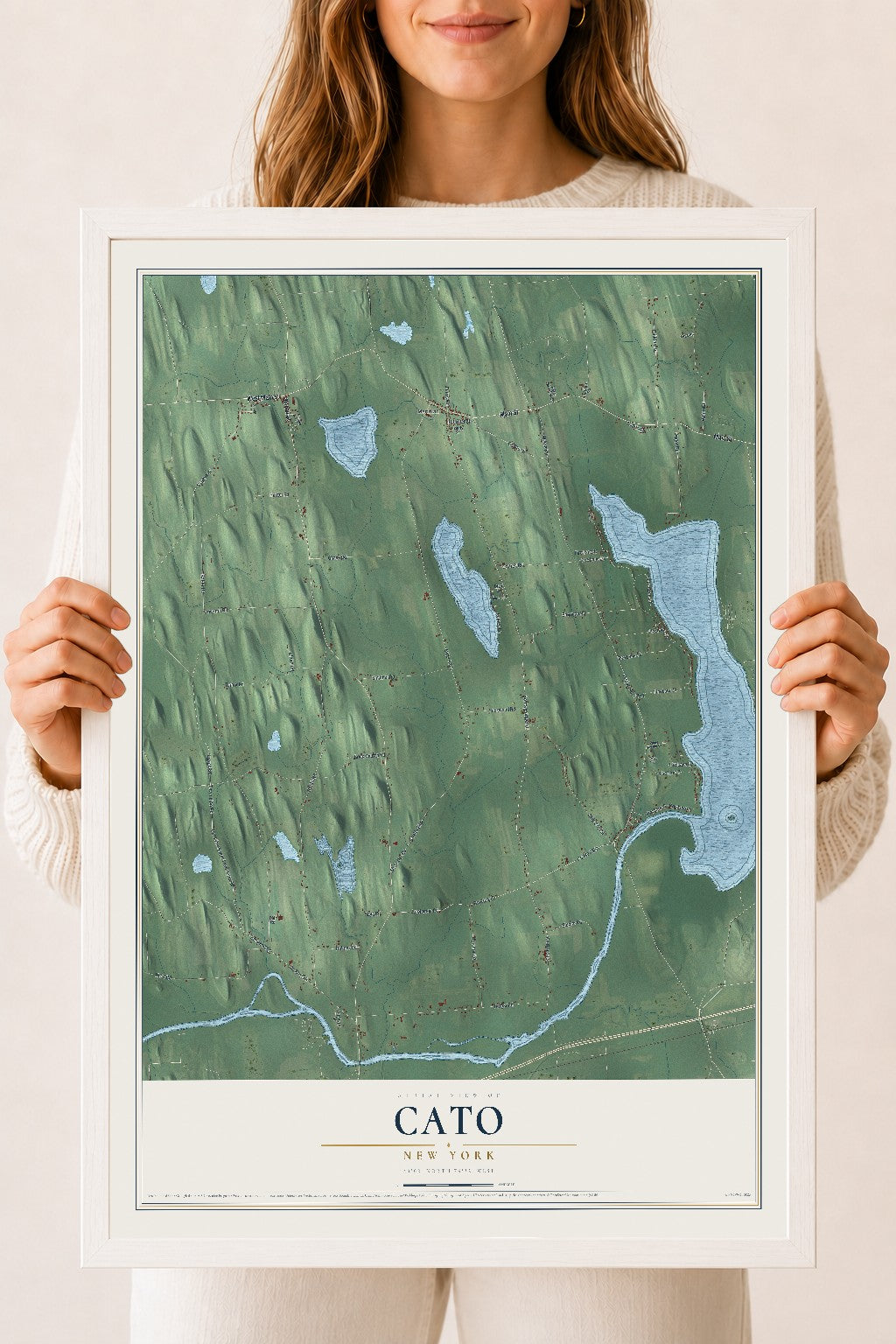 Cato, New York map print, 18" x 24" W/ White Ayous Wood Frame mockup