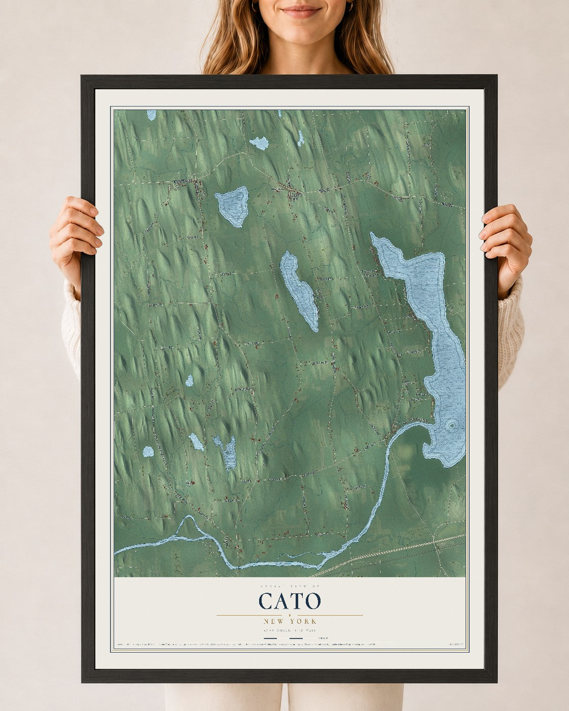 Cato, New York map print, 24" x 36" W/ Black Ayous Wood Frame mockup
