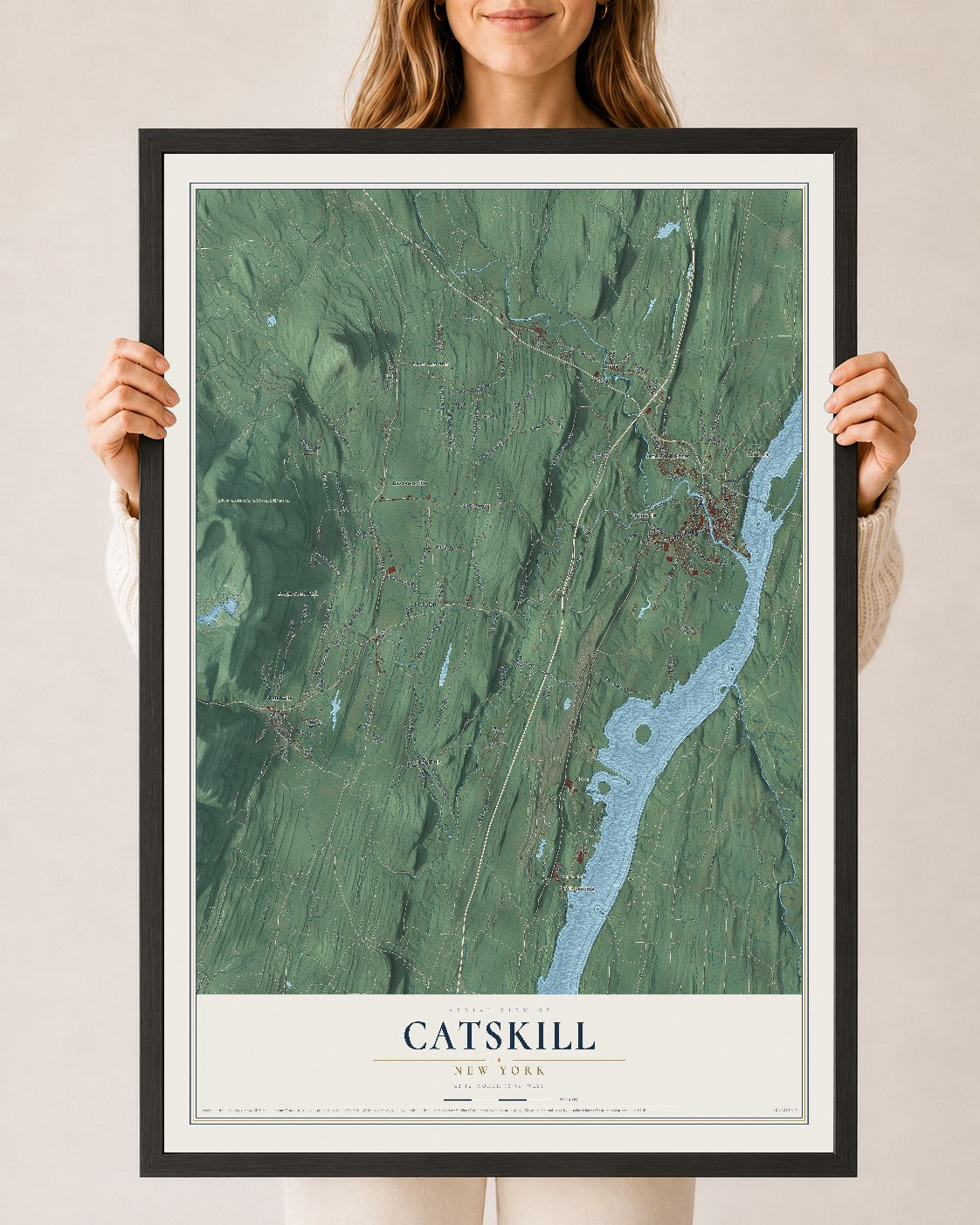Catskill, New York map print, 24" x 36" W/ Black Ayous Wood Frame mockup