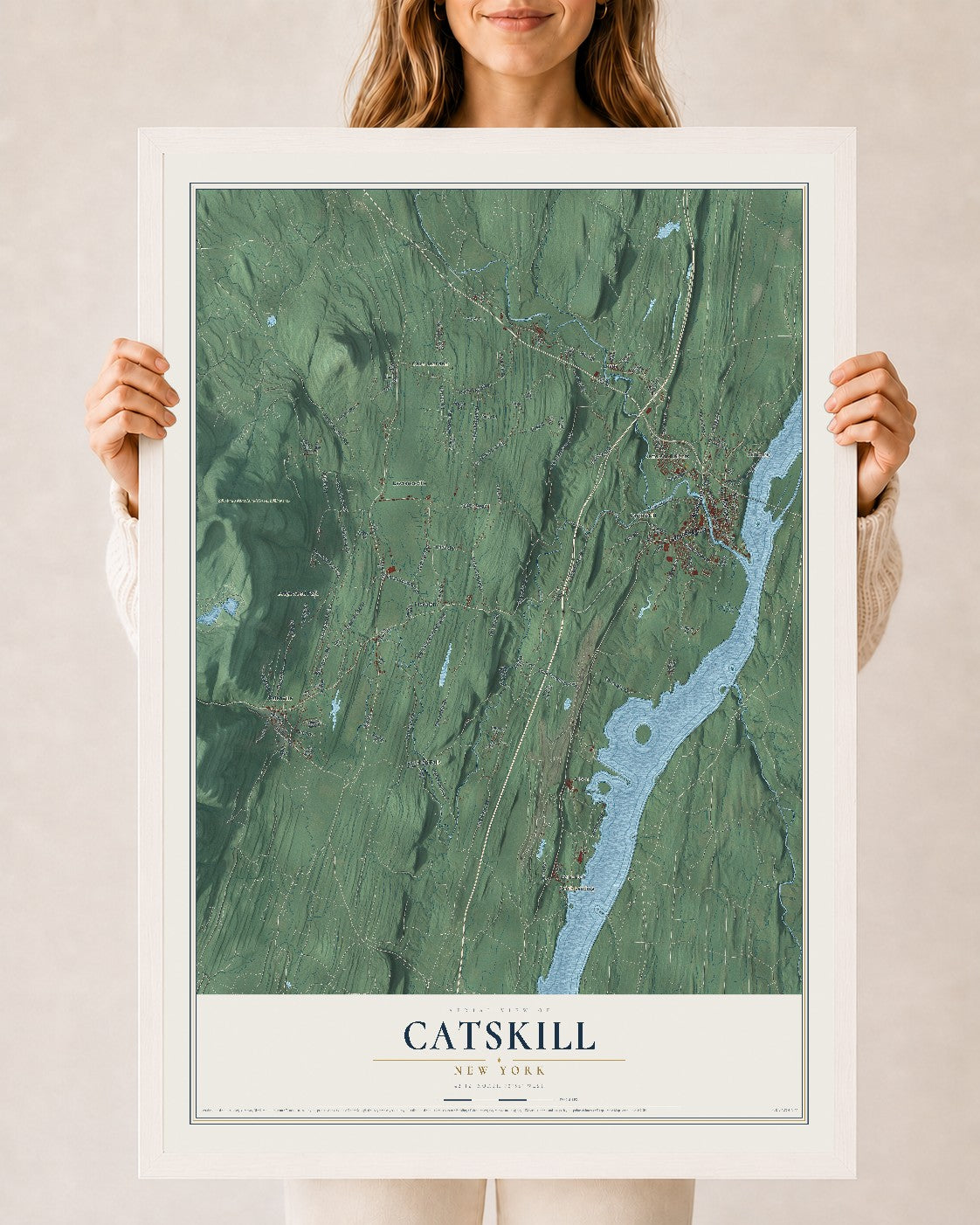 Catskill, New York map print, 24" x 36" W/ White Ayous Wood Frame mockup