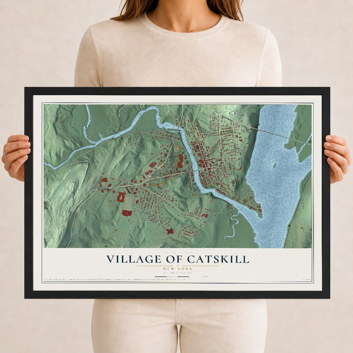 Catskill, New York map print, 12" x 18" W/ Black Ayous Wood Frame mockup