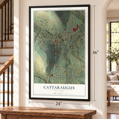 Cattaraugus, New York map, 24 x 36 inch print in a black frame by a staircase