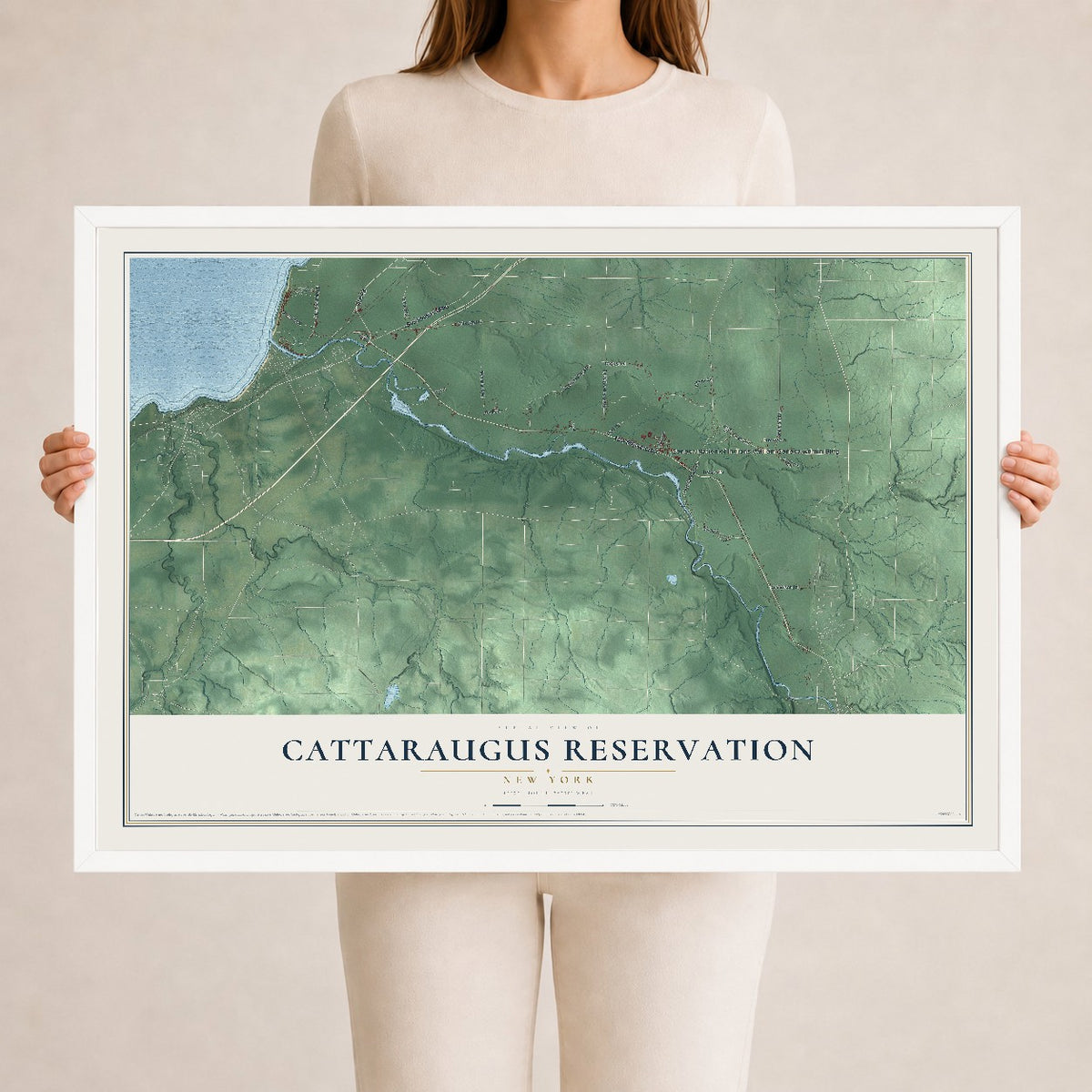 Cattaraugus Reservation, New York map print, 24" x 36" W/ White Ayous Wood Frame mockup