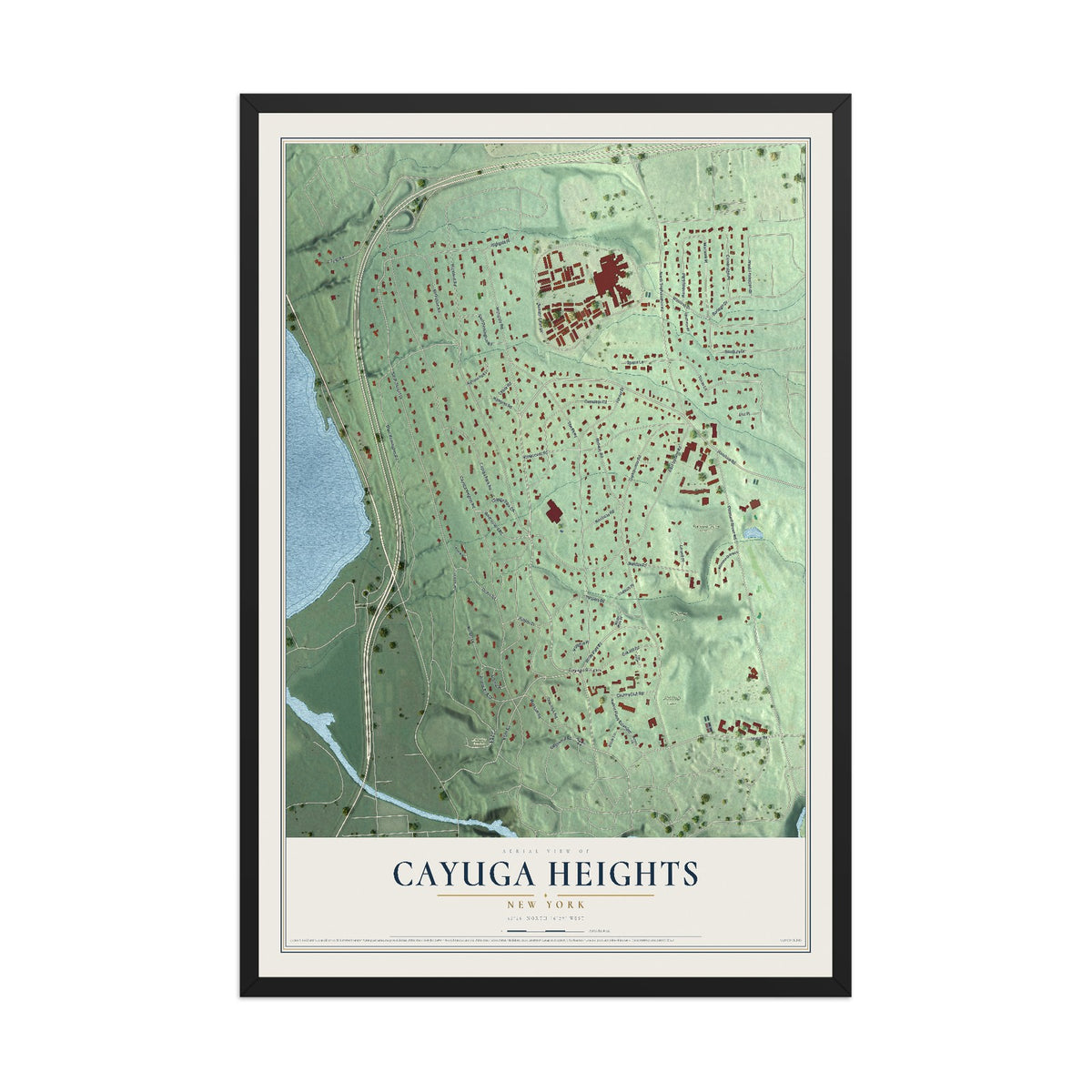 Cayuga Heights, New York map print, 12" x 18" W/ Black Ayous Wood Frame mockup