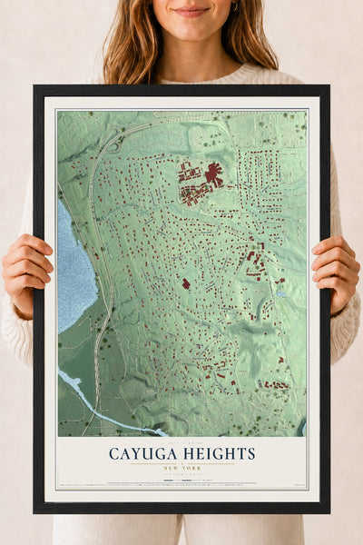 Cayuga Heights, New York map print, 18" x 24" W/ Black Ayous Wood Frame mockup
