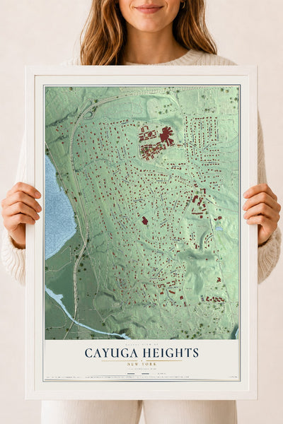 Cayuga Heights, New York map print, 18" x 24" W/ White Ayous Wood Frame mockup