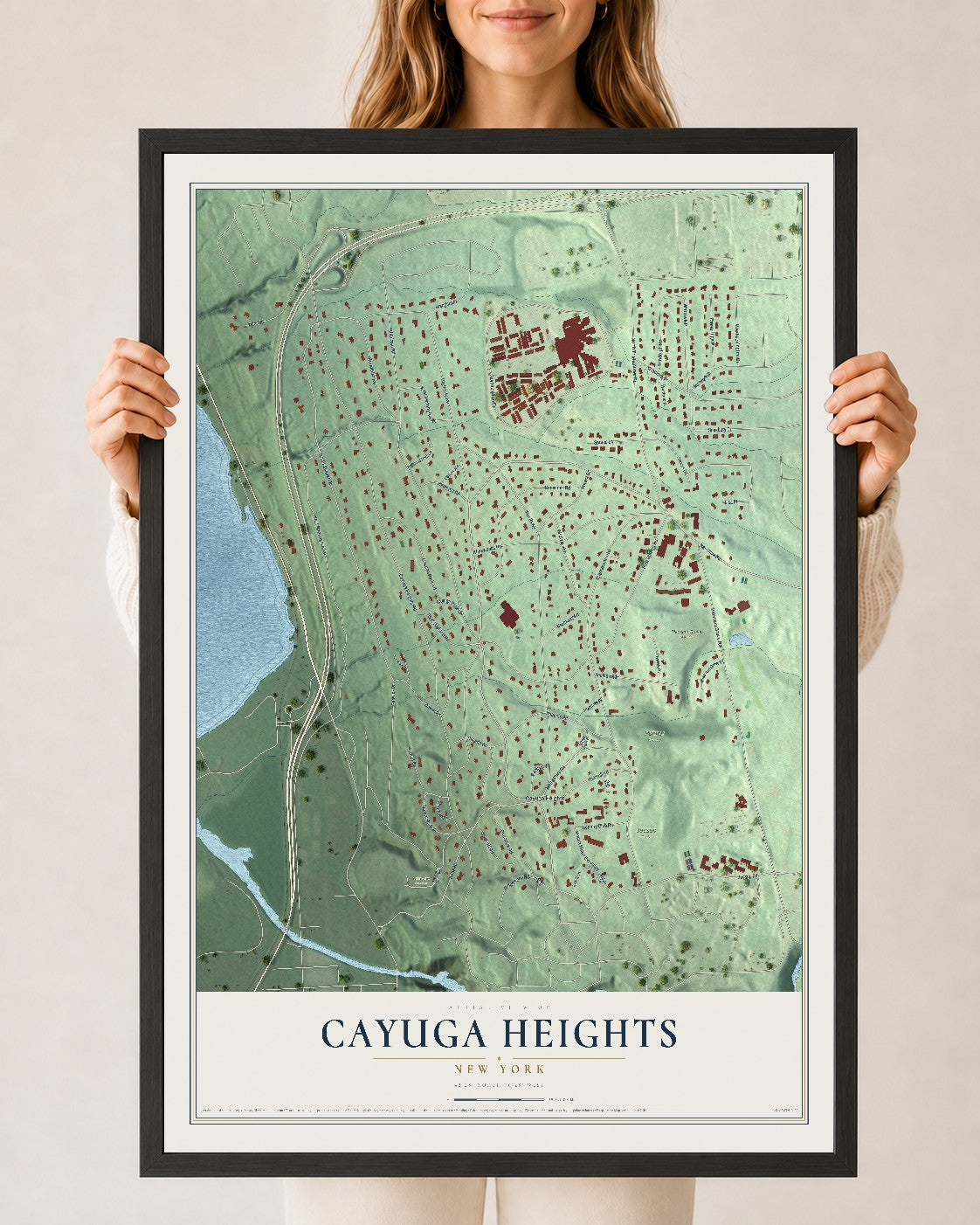 Cayuga Heights, New York map print, 24" x 36" W/ Black Ayous Wood Frame mockup