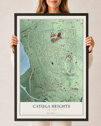 Cayuga Heights, New York map print, 24" x 36" W/ Black Ayous Wood Frame mockup