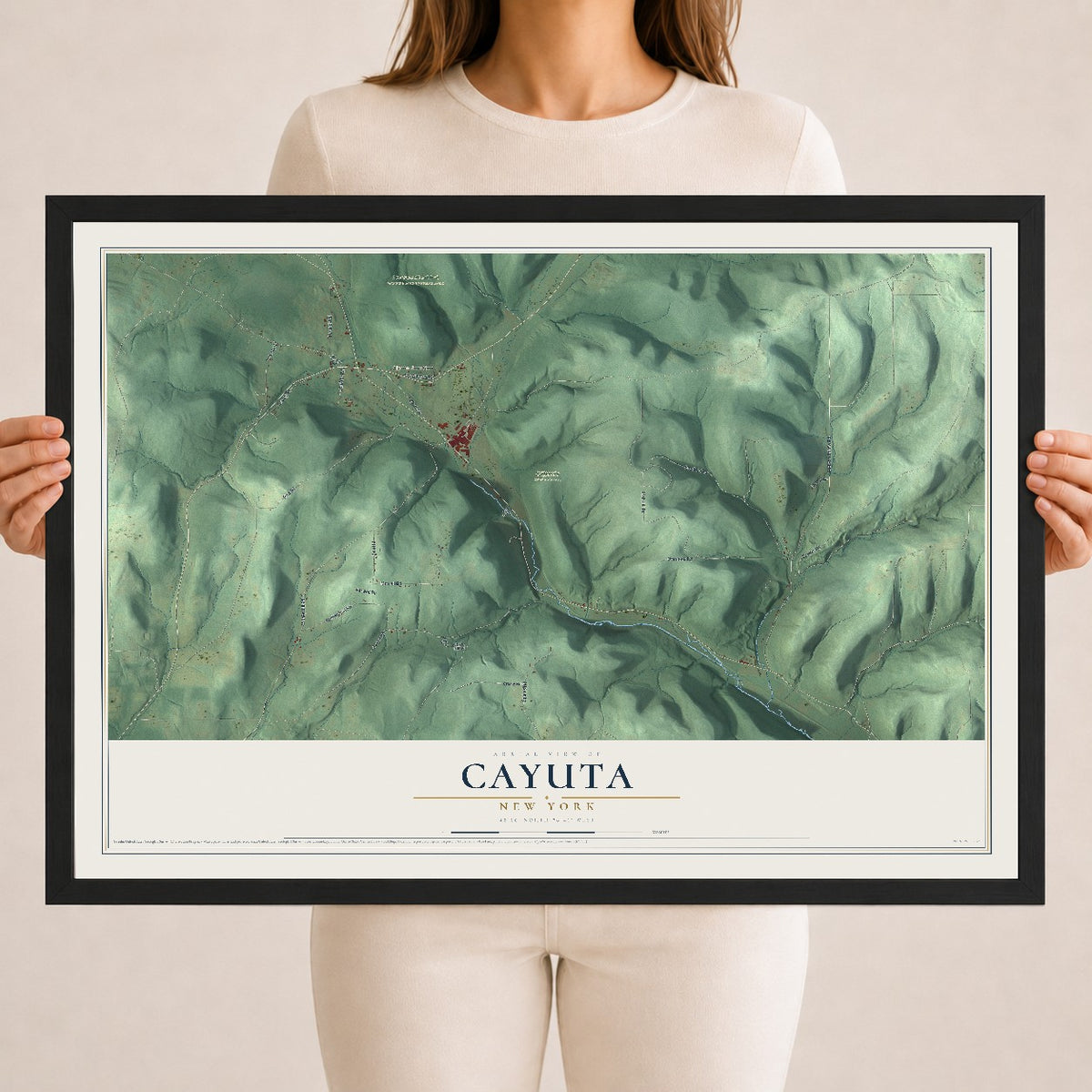 Cayuta, New York map print, 18" x 24" W/ Black Ayous Wood Frame mockup