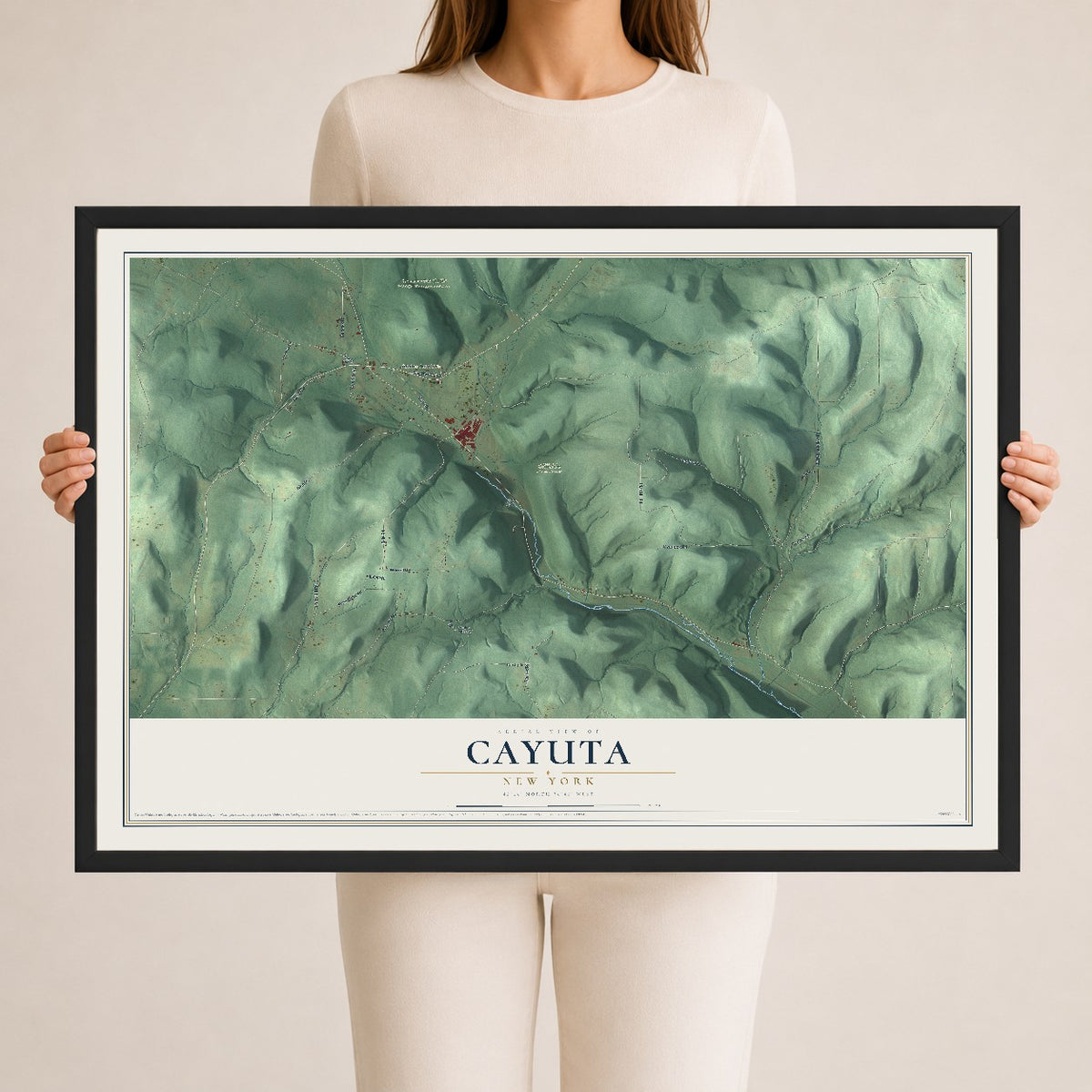 Cayuta, New York map print, 24" x 36" W/ Black Ayous Wood Frame mockup