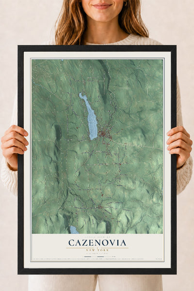 Cazenovia, New York map print, 18" x 24" W/ Black Ayous Wood Frame mockup