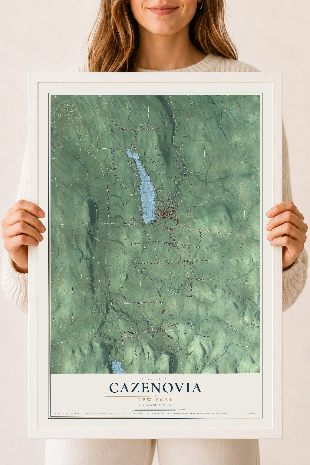 Cazenovia, New York map print, 18" x 24" W/ White Ayous Wood Frame mockup