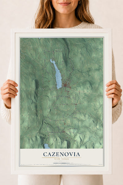 Cazenovia, New York map print, 18" x 24" W/ White Ayous Wood Frame mockup