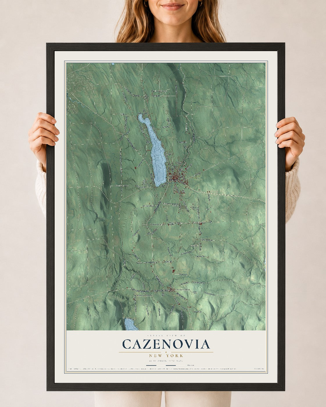 Cazenovia, New York map print, 24" x 36" W/ Black Ayous Wood Frame mockup