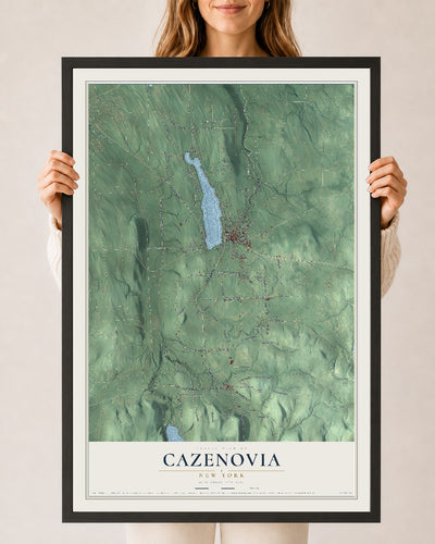 Cazenovia, New York map print, 24" x 36" W/ Black Ayous Wood Frame mockup