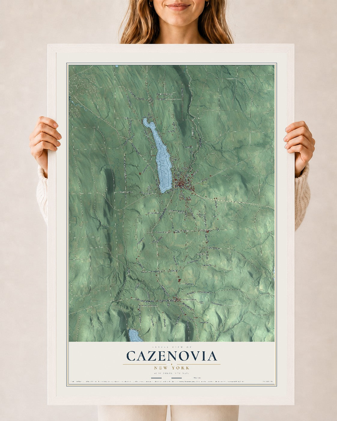 Cazenovia, New York map print, 24" x 36" W/ White Ayous Wood Frame mockup