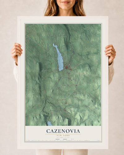 Cazenovia, New York map print, 24" x 36" W/ White Ayous Wood Frame mockup
