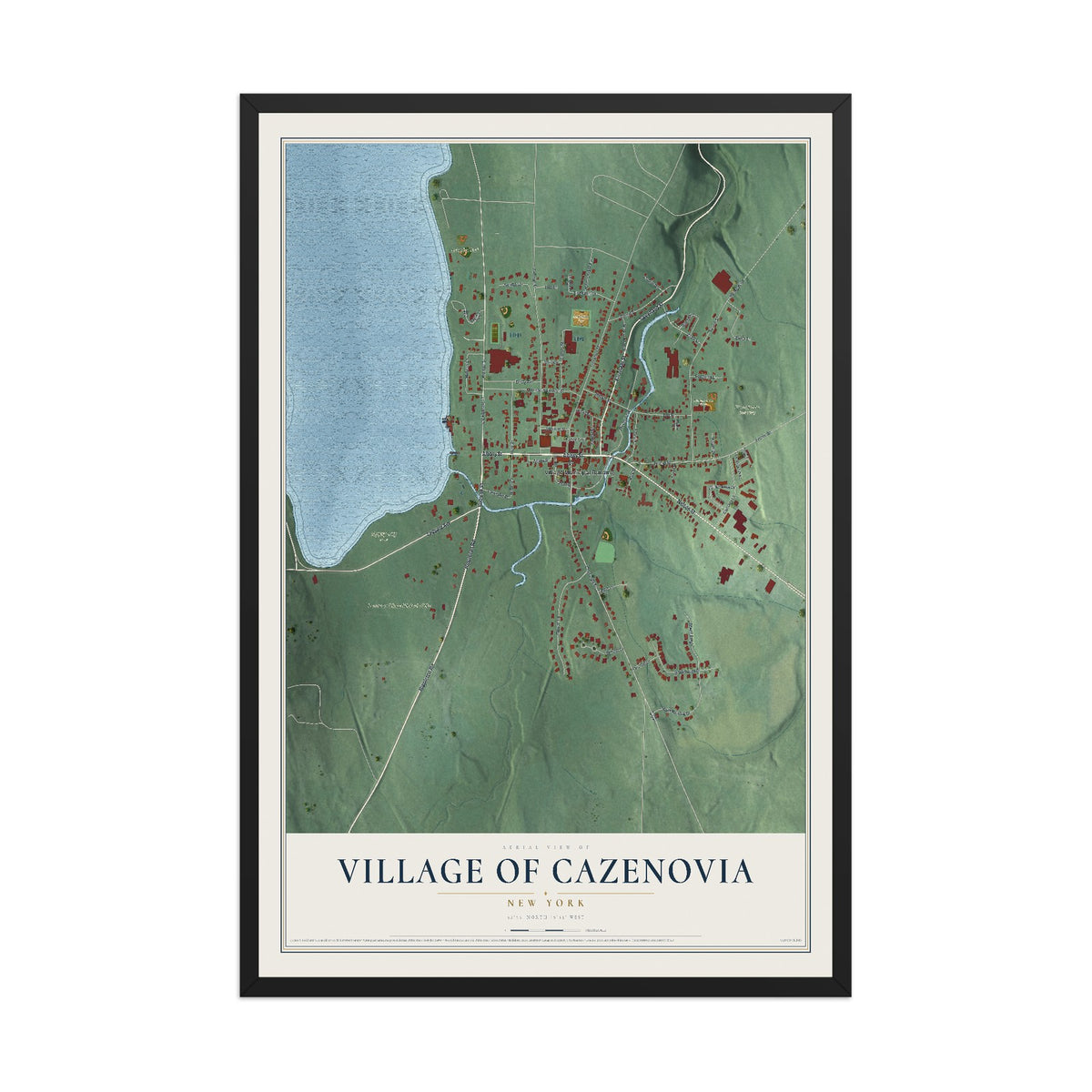 Cazenovia, New York map print, 12" x 18" W/ Black Ayous Wood Frame mockup