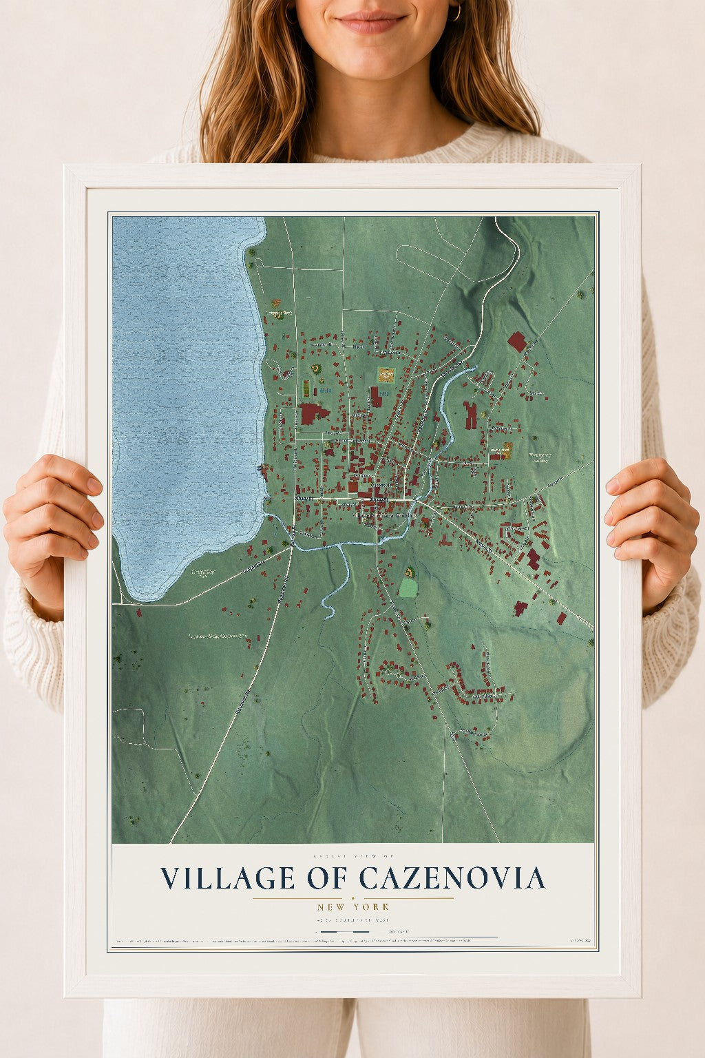 Cazenovia, New York map print, 18" x 24" W/ White Ayous Wood Frame mockup