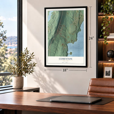 Cementon, New York map, 18 x 24 inch print in a black frame in a home office