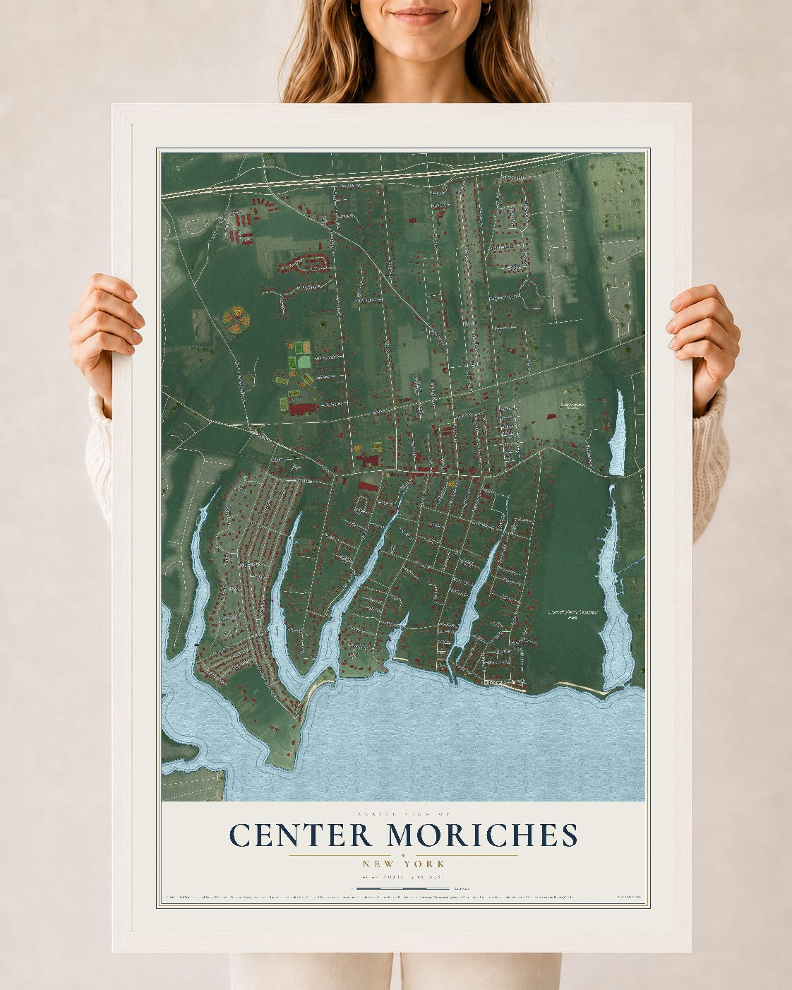 Center Moriches, New York map print, 24" x 36" W/ White Ayous Wood Frame mockup
