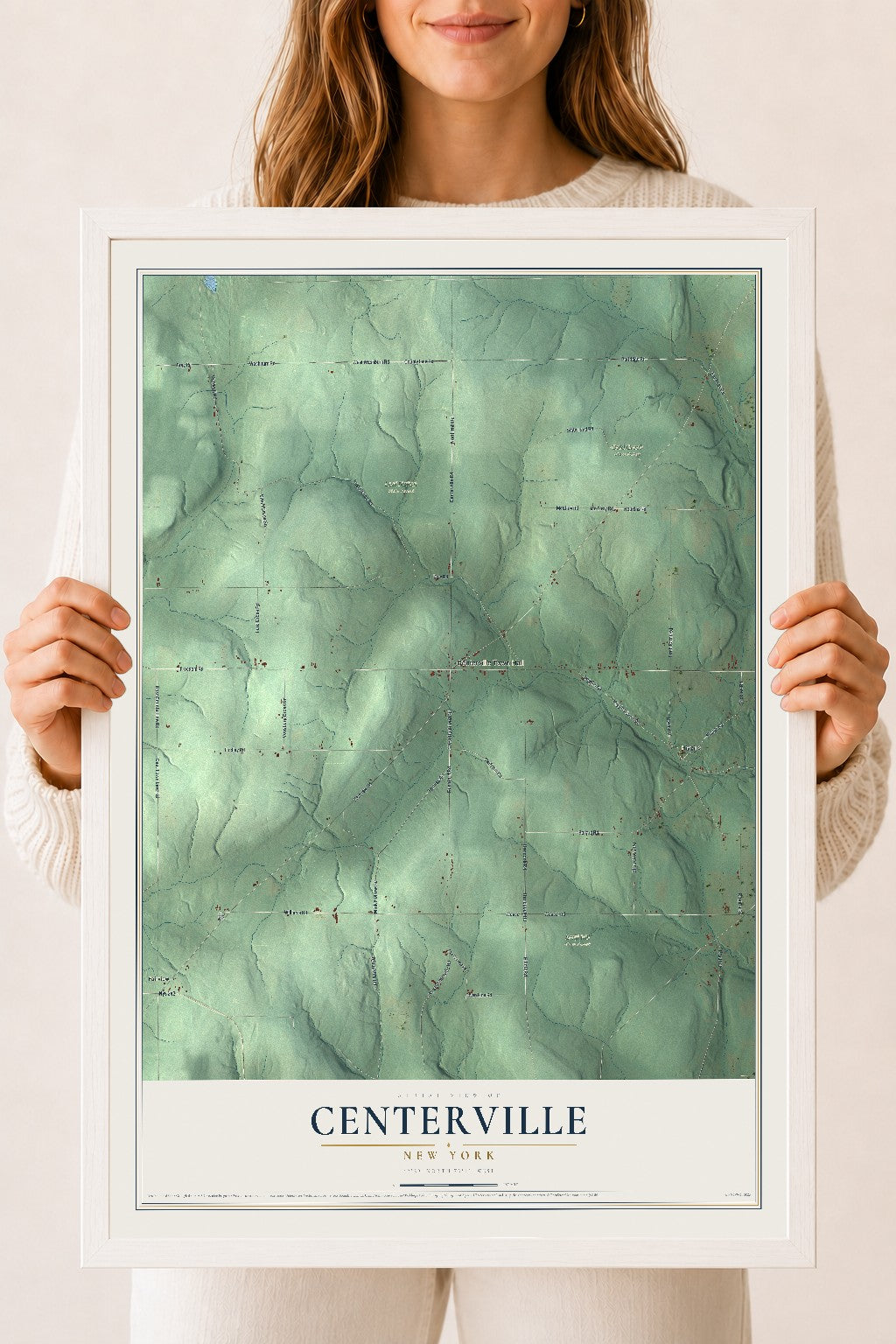 Centerville, New York map print, 18" x 24" W/ White Ayous Wood Frame mockup