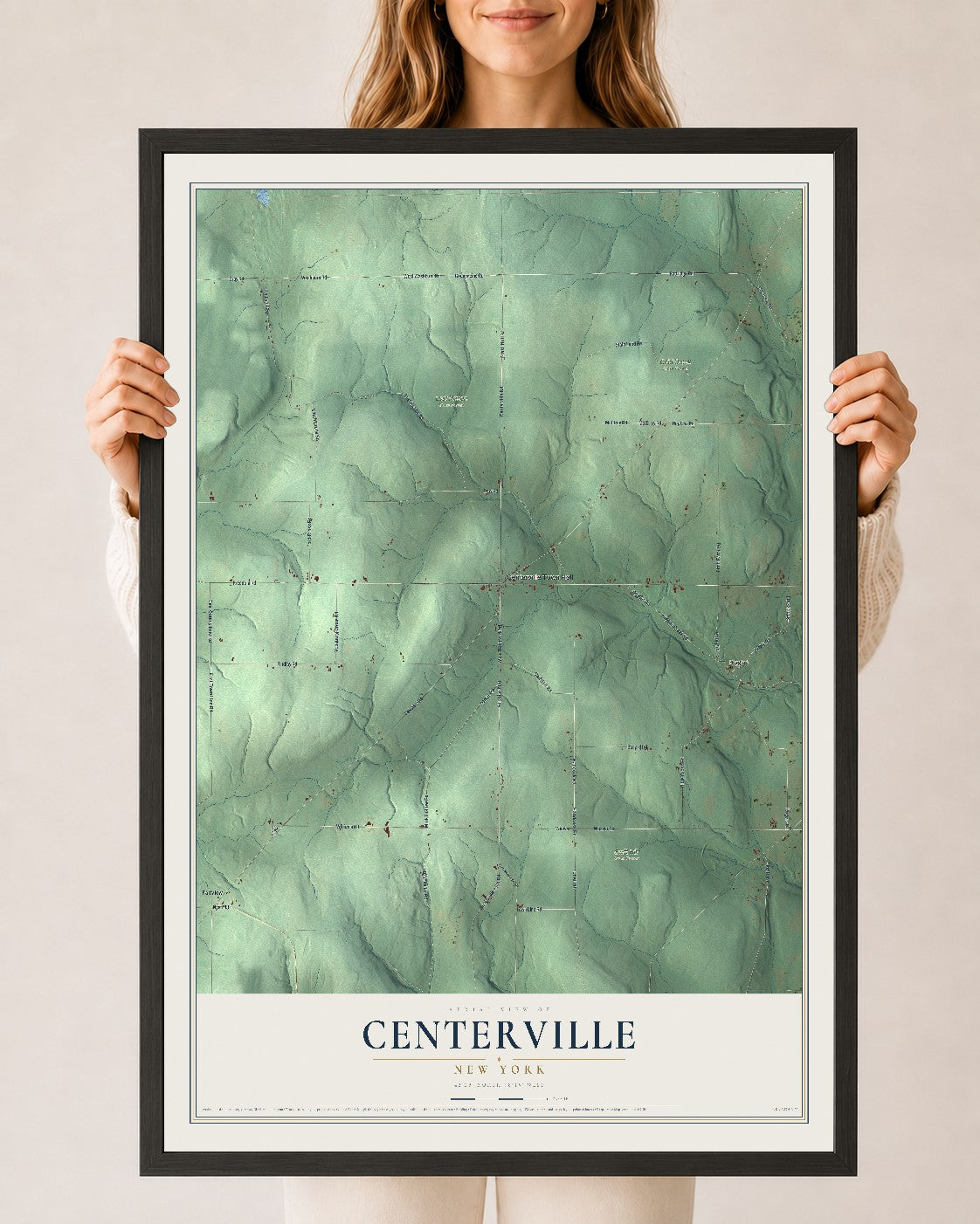 Centerville, New York map print, 24" x 36" W/ Black Ayous Wood Frame mockup