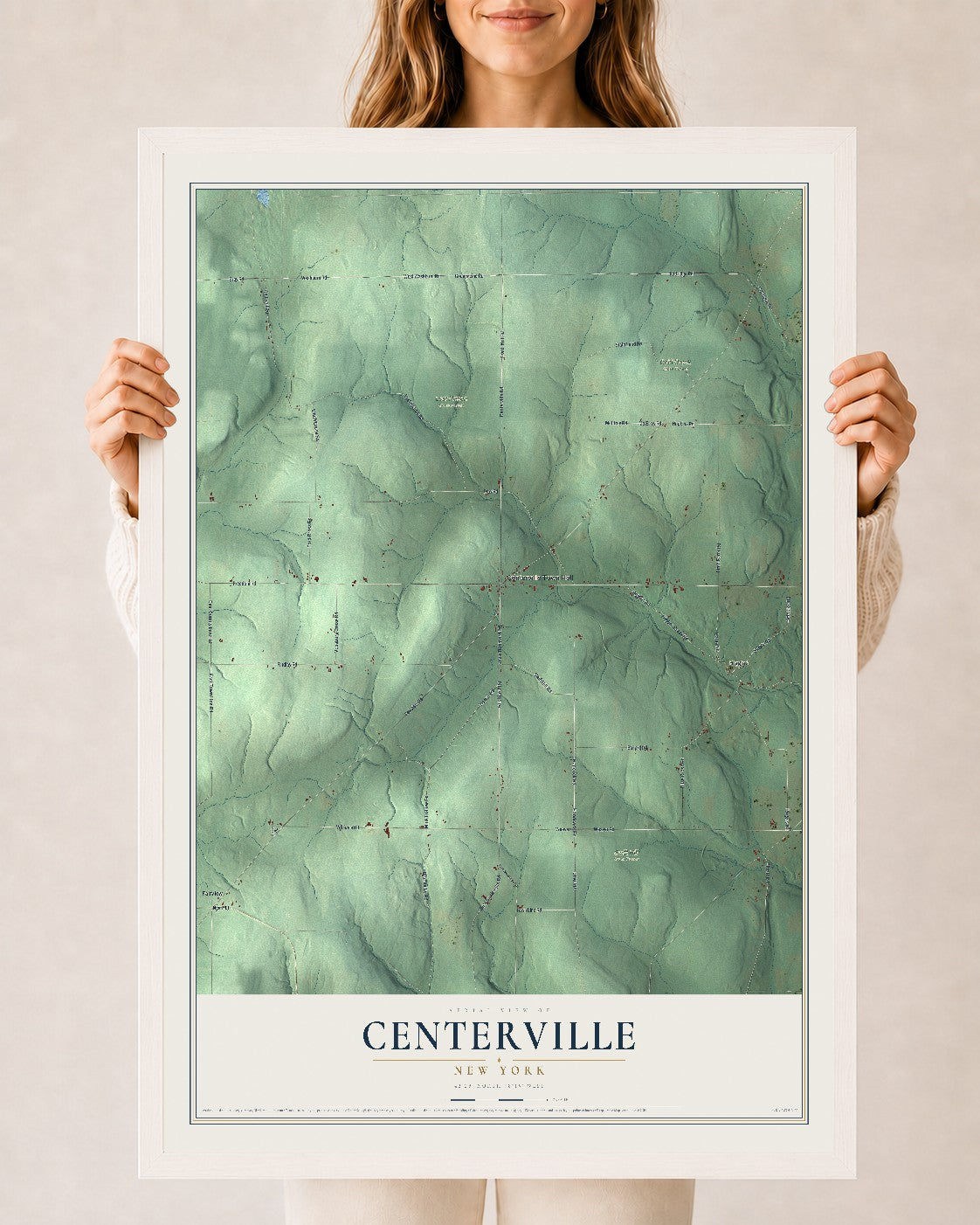 Centerville, New York map print, 24" x 36" W/ White Ayous Wood Frame mockup