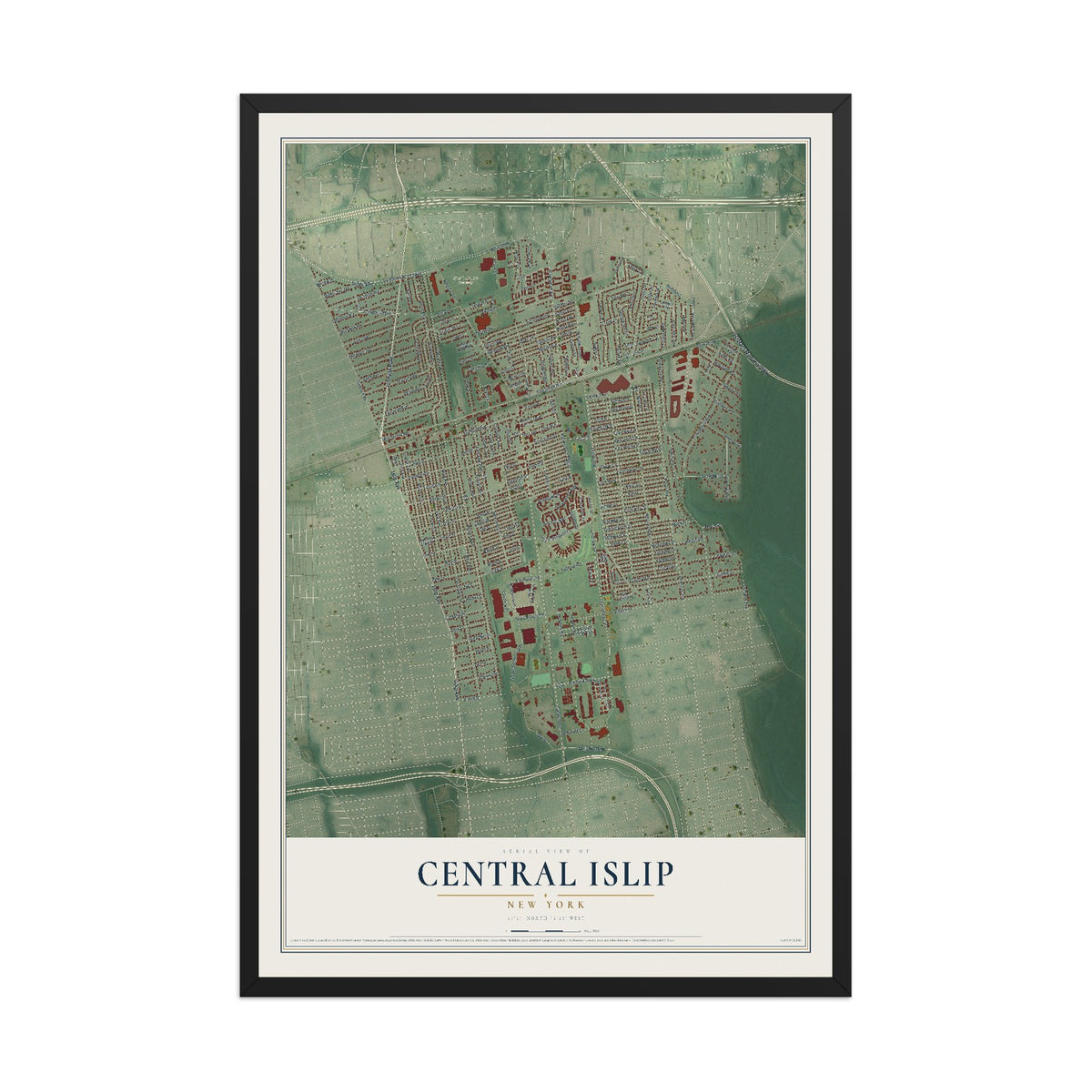 Central Islip, New York map print, 12" x 18" W/ Black Ayous Wood Frame mockup