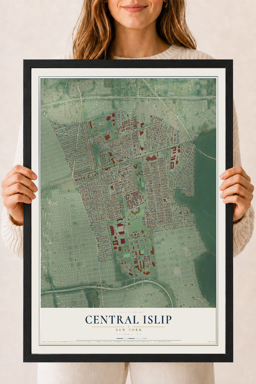 Central Islip, New York map print, 18" x 24" W/ Black Ayous Wood Frame mockup