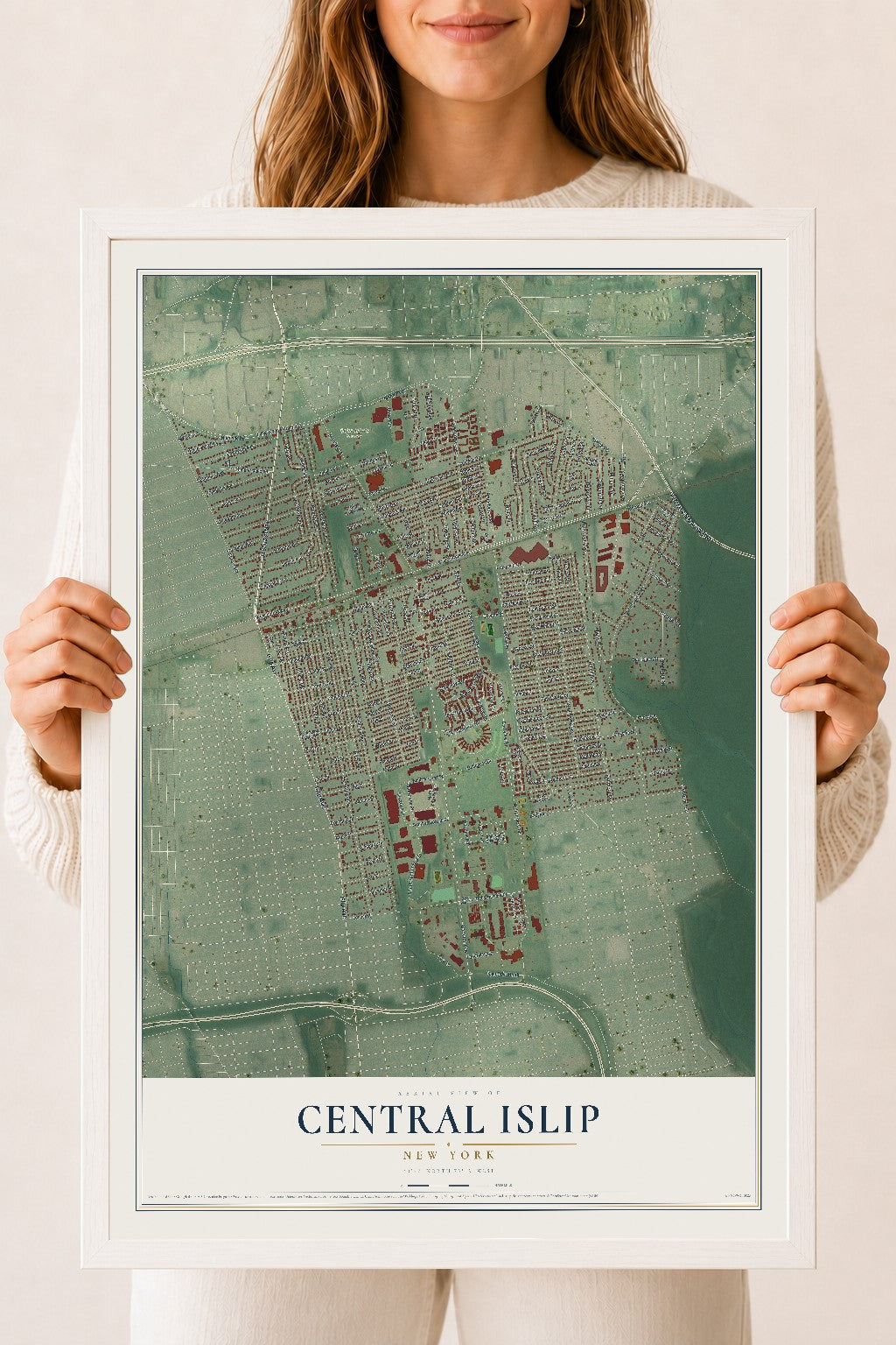 Central Islip, New York map print, 18" x 24" W/ White Ayous Wood Frame mockup