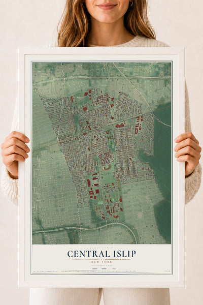 Central Islip, New York map print, 18" x 24" W/ White Ayous Wood Frame mockup