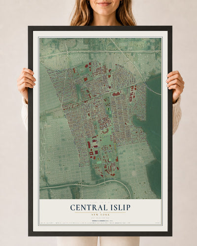 Central Islip, New York map print, 24" x 36" W/ Black Ayous Wood Frame mockup