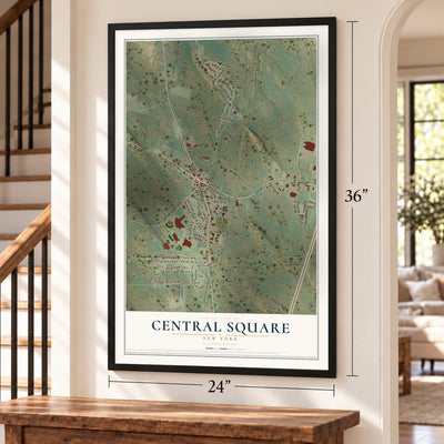Central Square, New York map, 24 x 36 inch print in a black frame by a staircase