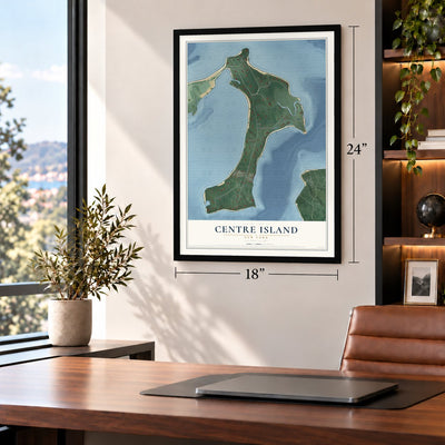 Centre Island, New York map, 18 x 24 inch print in a black frame in a home office