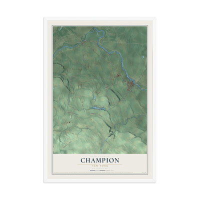 Champion, New York map print, 12" x 18" W/ White Ayous Wood Frame mockup