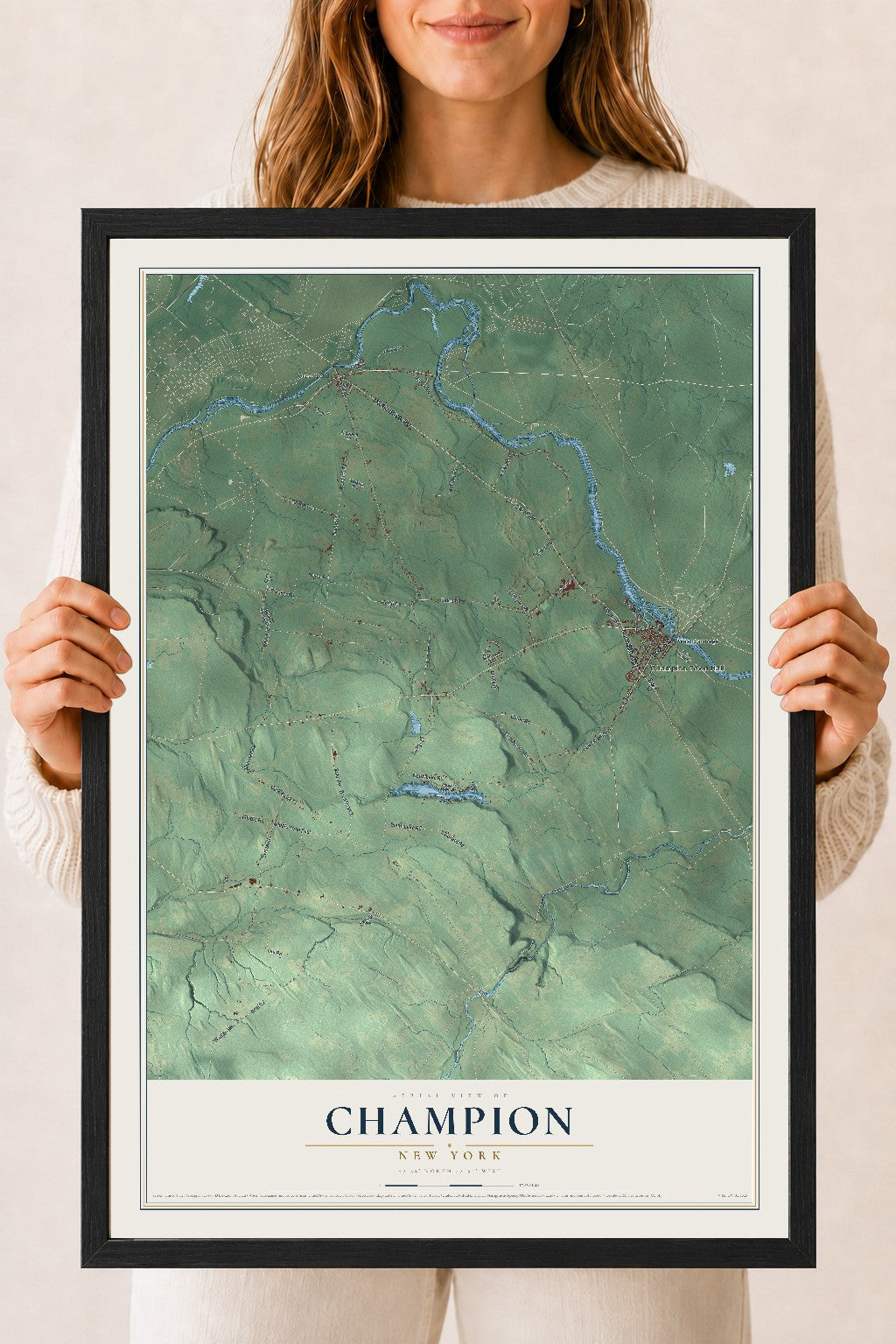 Champion, New York map print, 18" x 24" W/ Black Ayous Wood Frame mockup