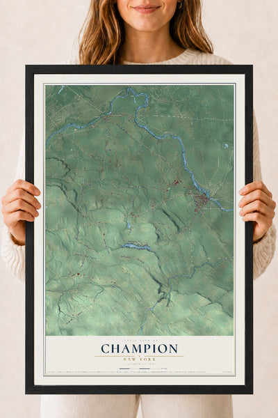 Champion, New York map print, 18" x 24" W/ Black Ayous Wood Frame mockup
