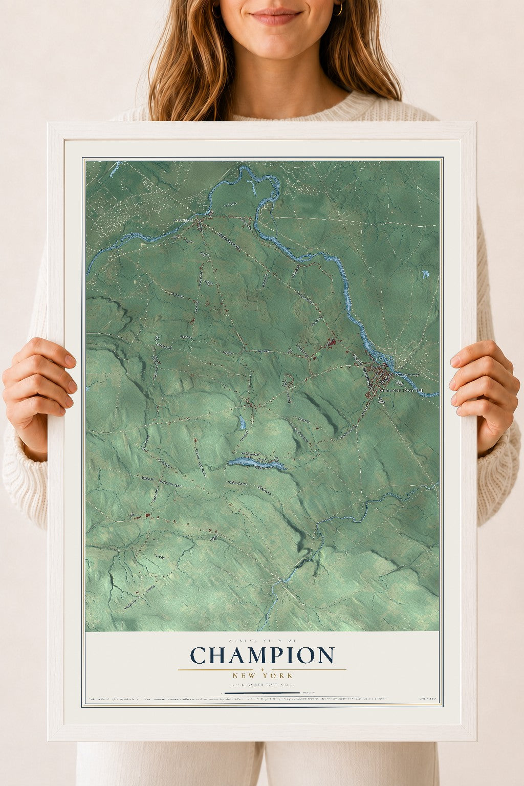 Champion, New York map print, 18" x 24" W/ White Ayous Wood Frame mockup