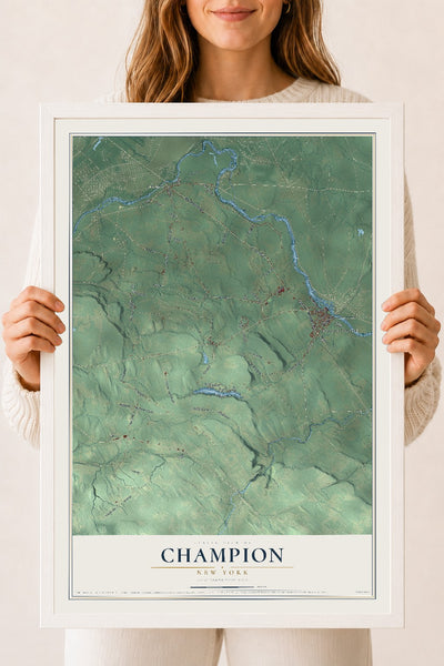 Champion, New York map print, 18" x 24" W/ White Ayous Wood Frame mockup