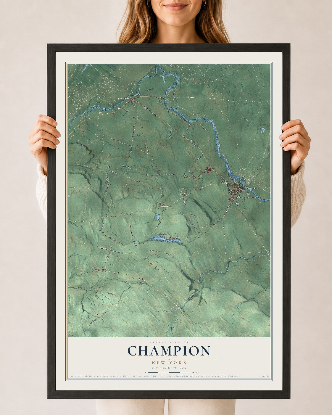 Champion, New York map print, 24" x 36" W/ Black Ayous Wood Frame mockup