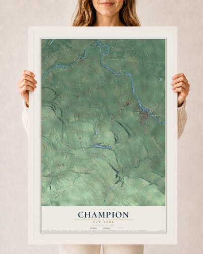 Champion, New York map print, 24" x 36" W/ White Ayous Wood Frame mockup