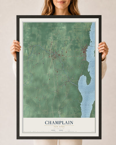 Map of Champlain, New York, 24 x 36 inch print in a black wood frame