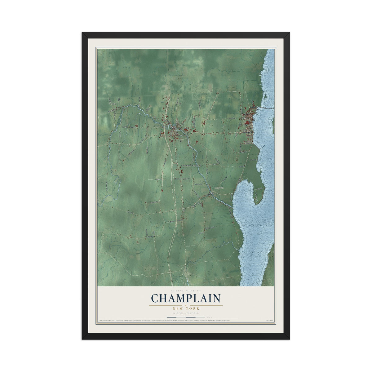 Champlain, New York map print, 12" x 18" W/ Black Ayous Wood Frame mockup