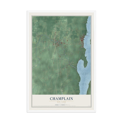 Champlain, New York map print, 12" x 18" W/ White Ayous Wood Frame mockup