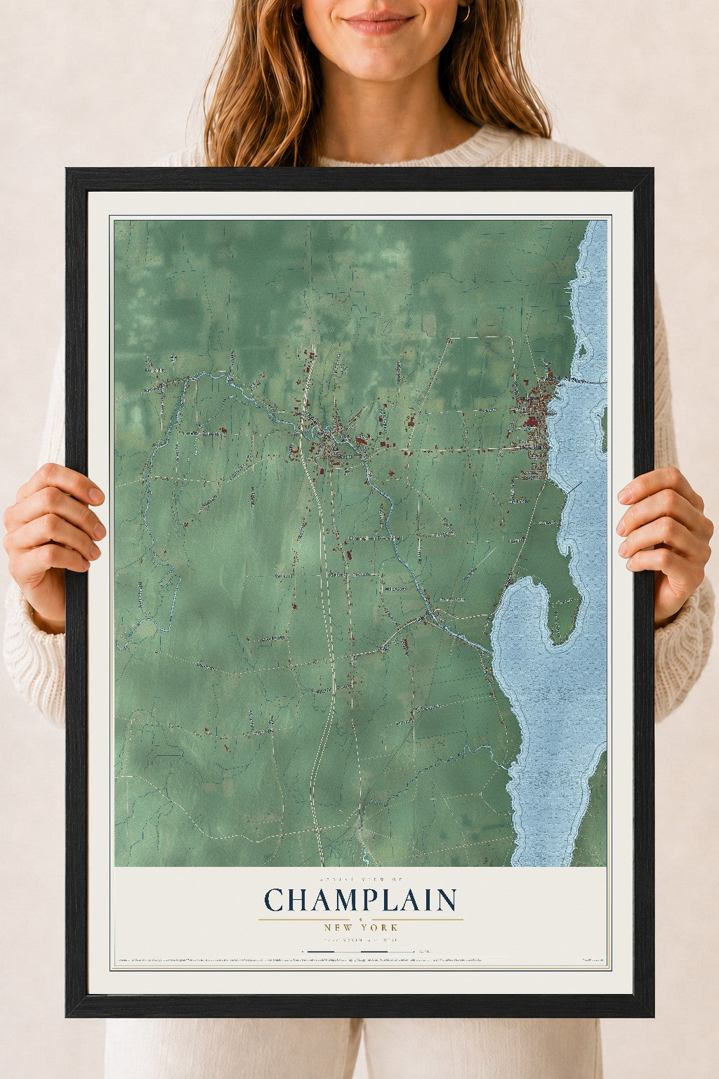 Champlain, New York map print, 18" x 24" W/ Black Ayous Wood Frame mockup