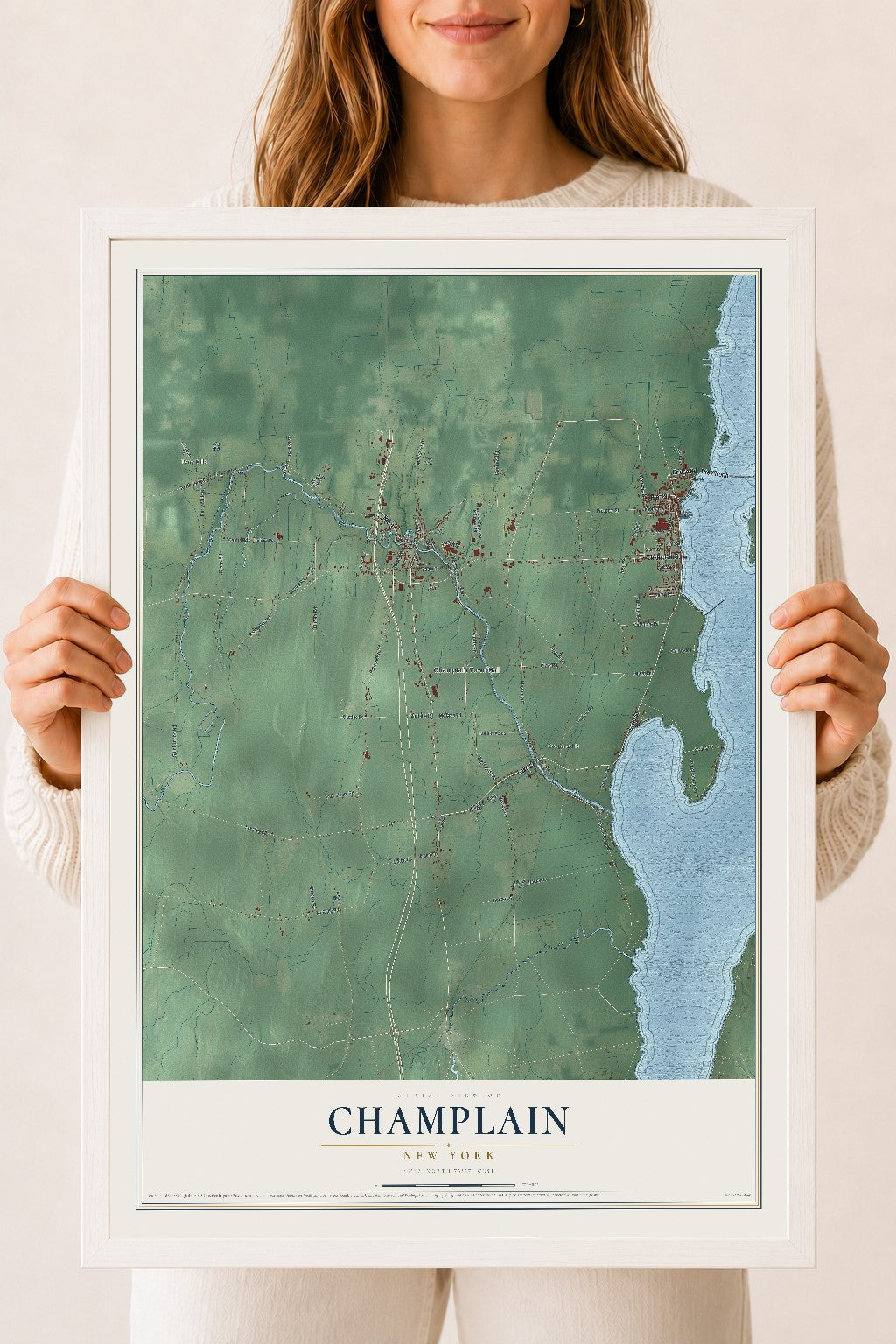 Champlain, New York map print, 18" x 24" W/ White Ayous Wood Frame mockup